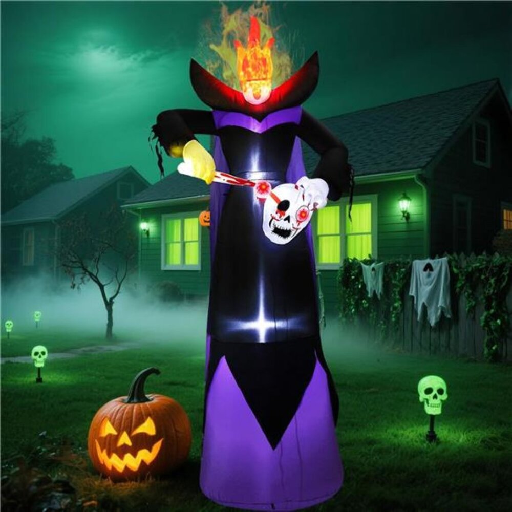New Spooky 10FT Halloween Inflatables Headless Grim Reaper with Flame LED Lights